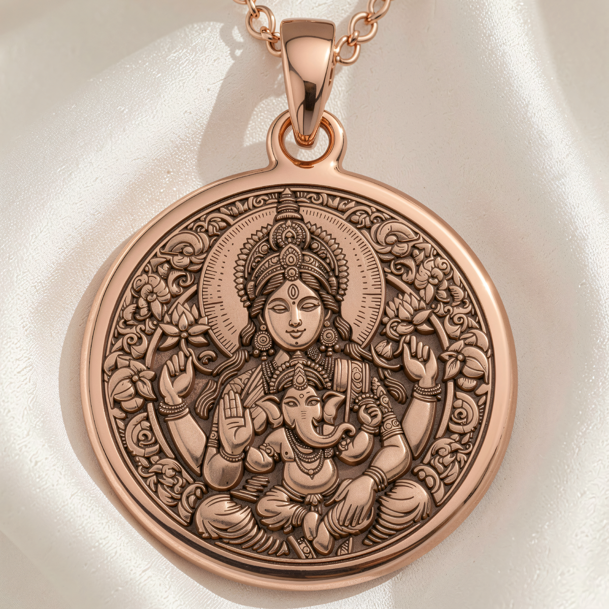Parvati Goddess Devotion Necklace | Silver & Plated Options - Ancient Mythology Hindu Heirloom - 14K Rose Gold Plated Front View