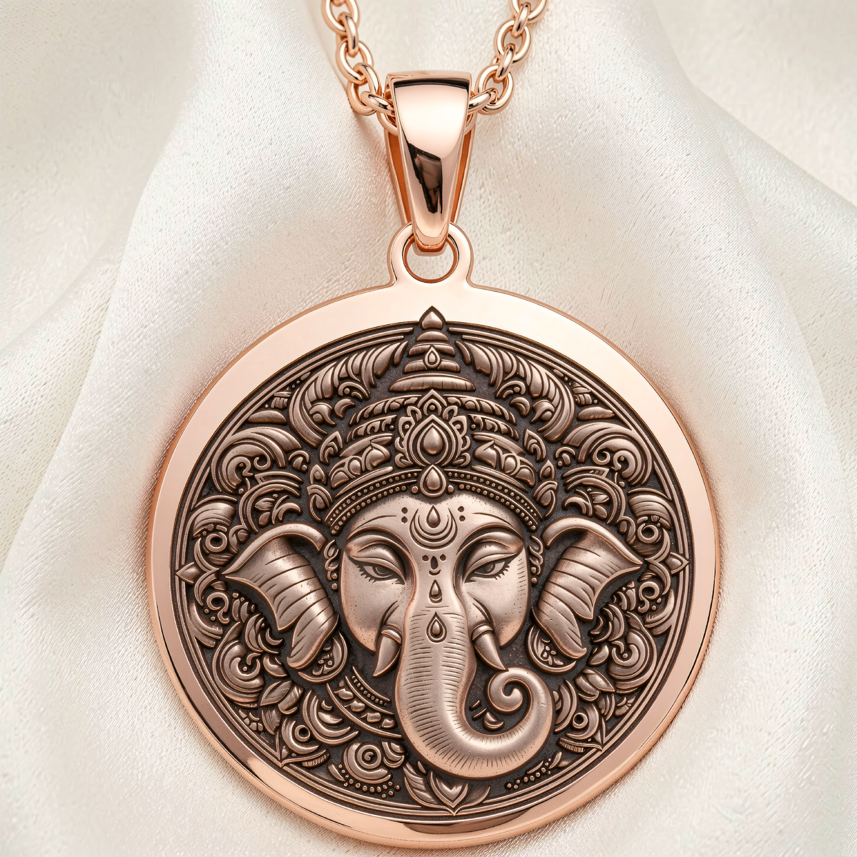 Parvati Goddess with Ganesha Elephant Pendant in 14K Rose Gold Plated front view showing detailed engraving.