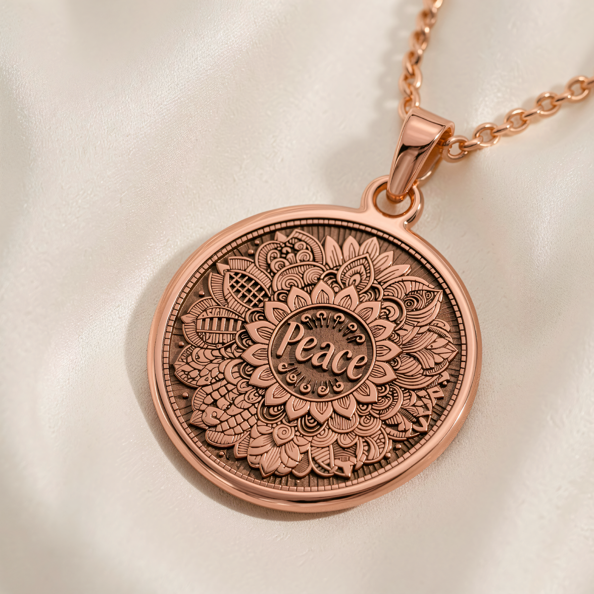 Peace Mandala Spiritual Yoga Pendant | Silver & Plated Options - Mindfulness Boho Chic - 14K Rose Gold Plated Front View