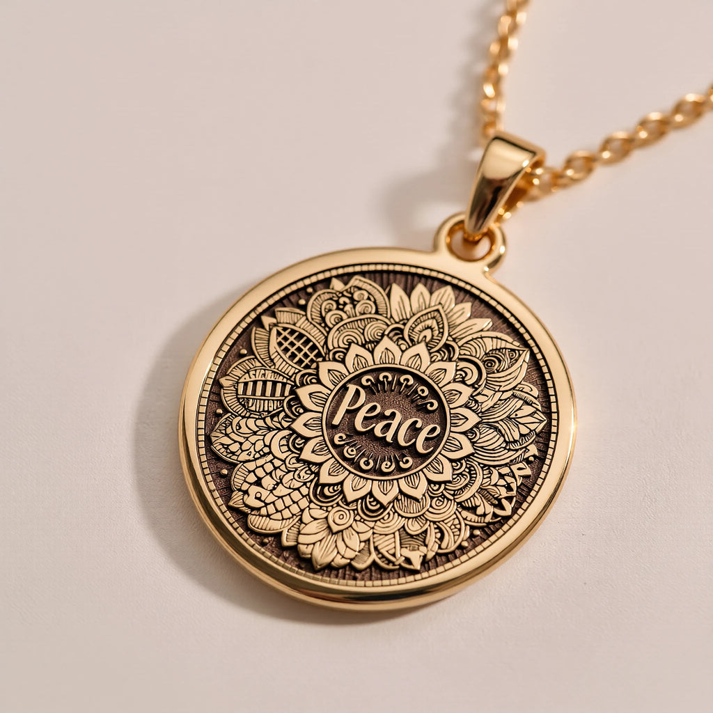 Peace Mandala Spiritual Yoga Pendant - Mindfulness Boho Chic - Görsel 3, 14K Gold Necklace