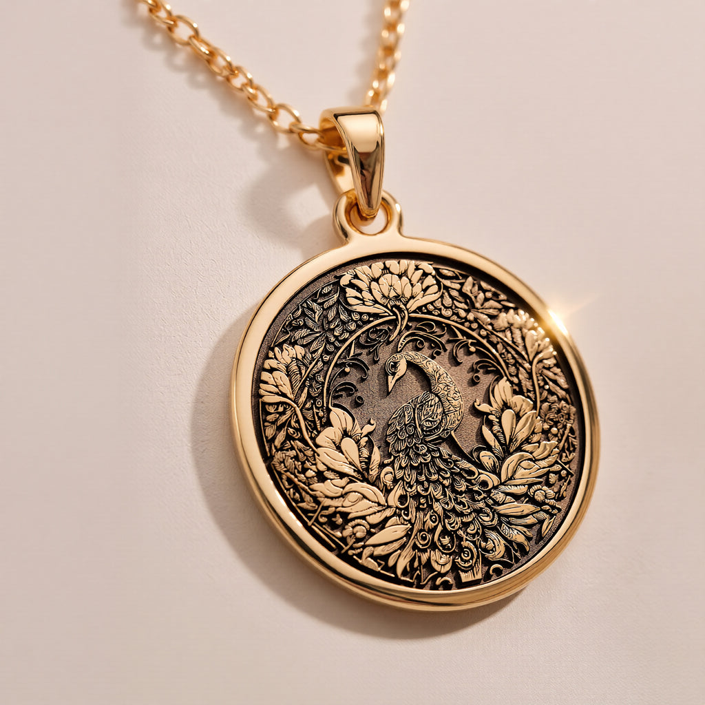 Peacock Feather Bird Pendant - 14K Solid Gold