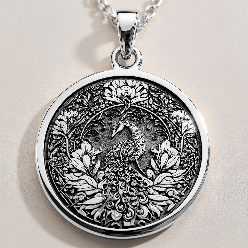 Silver colored circular pendant featuring an intricate embossed design of a peacock surrounded by detailed foliage. The pendant is attached to a silver-toned chain and displayed on a textured surface. - View 2