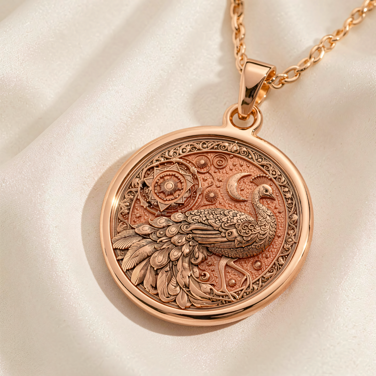 Peacock Mandala Bird Pendant Necklace | Silver & Plated Options - Nature Inspired Spirit Animal - 14K Rose Gold Plated Front View