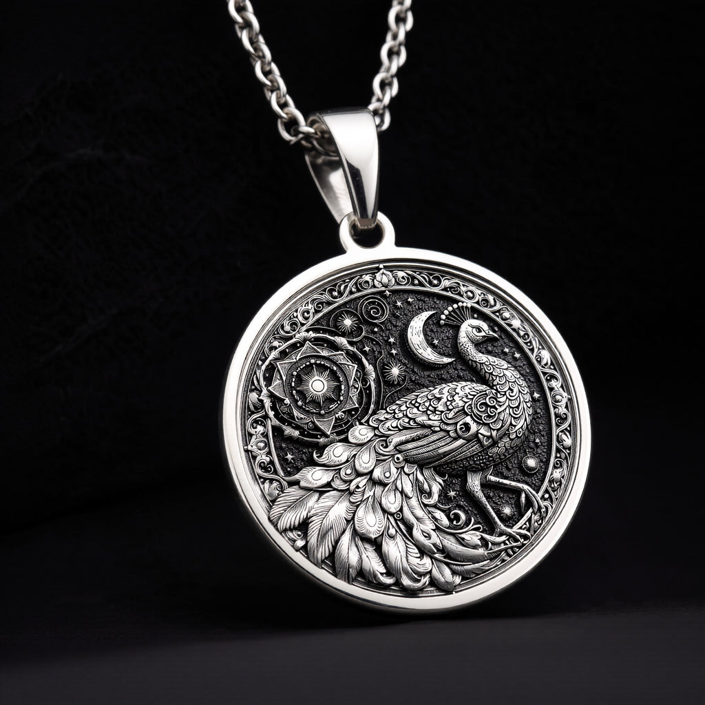 Peacock Mandala Bird Pendant Necklace - 925 Sterling Silver