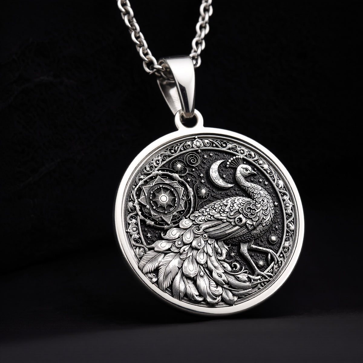 Peacock Mandala Bird Pendant Necklace - 925 Sterling Silver