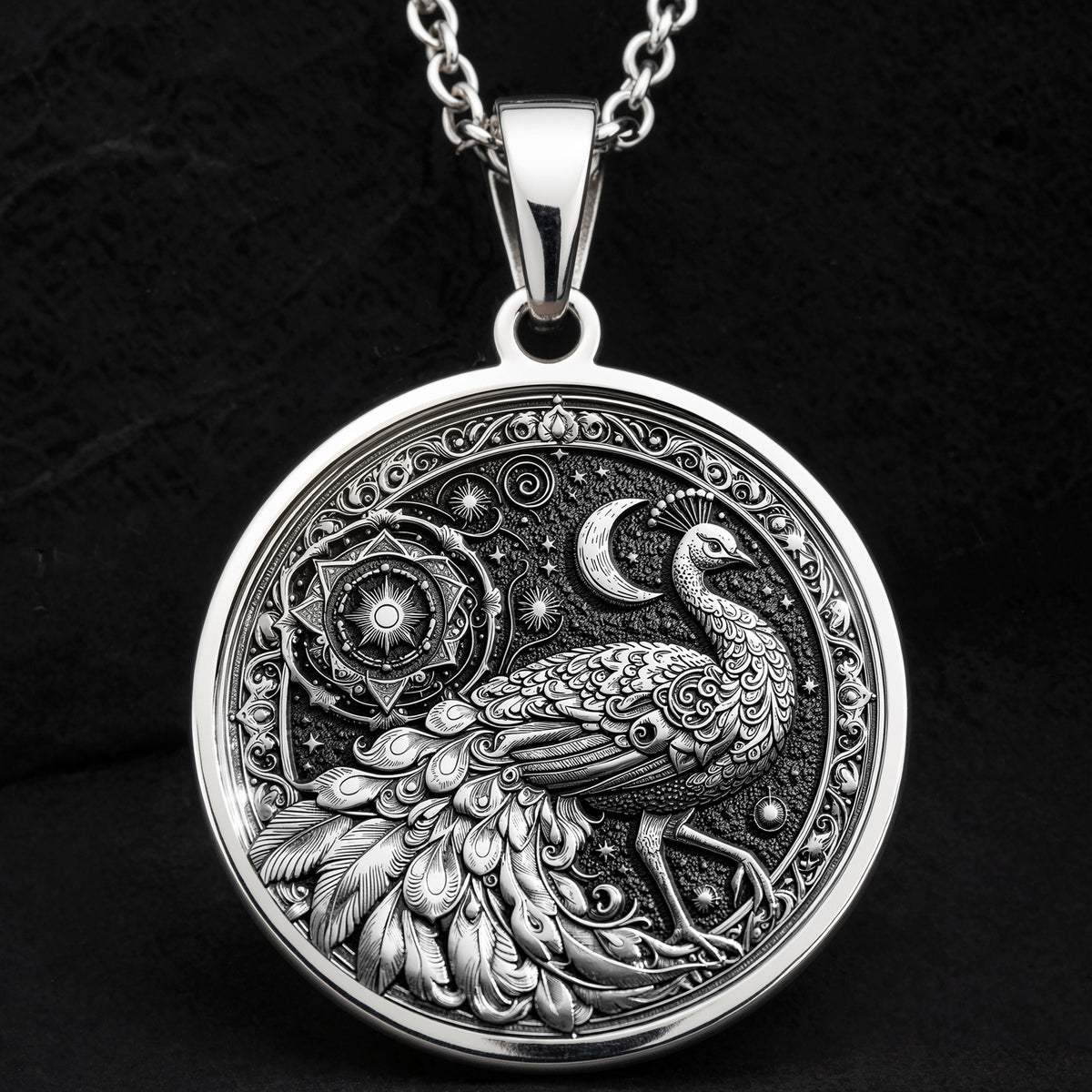 Peacock Mandala Bird Pendant Necklace - 925 Sterling Silver