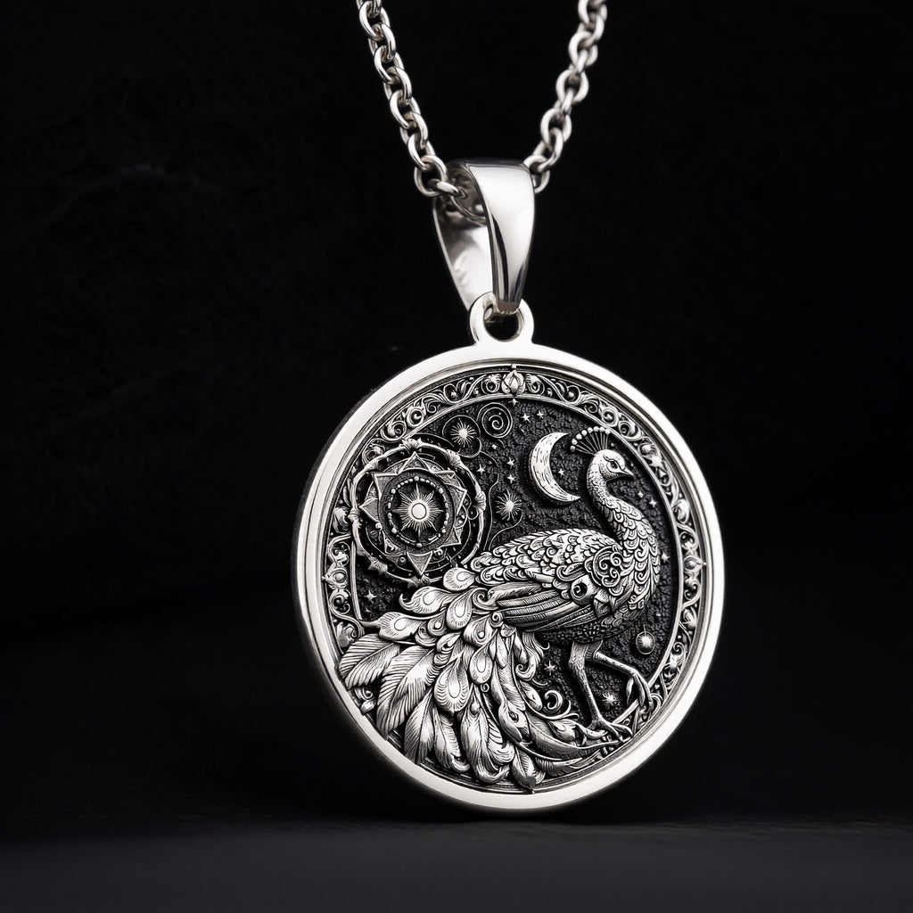 Peacock Mandala Bird Pendant Necklace - 925 Sterling Silver