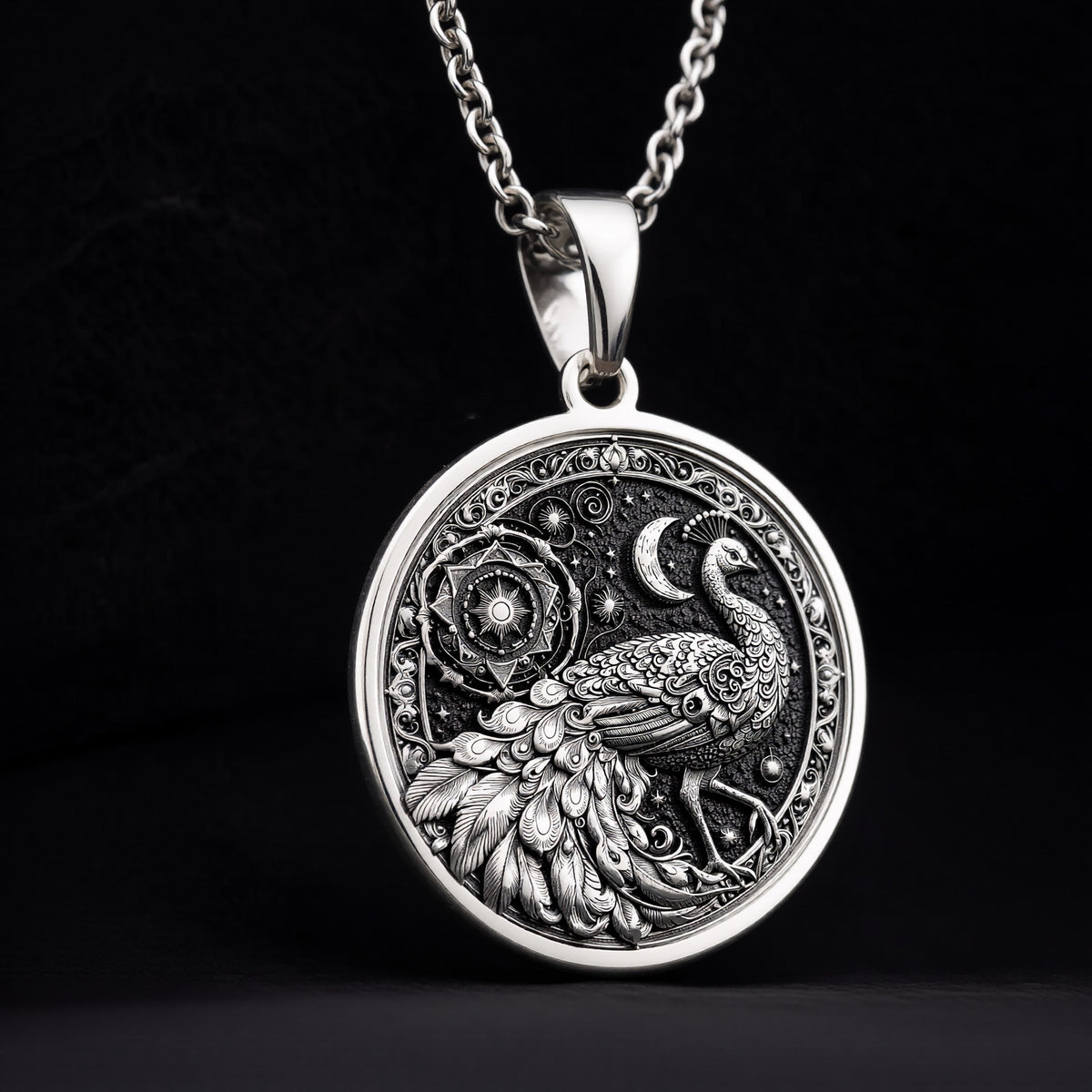 Peacock Mandala Bird Pendant Necklace - 925 Sterling Silver