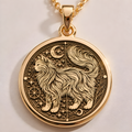 Elegant 14K Solid Gold fluffy cat necklace featuring a celestial medallion design. Perfect for cat lovers who cherish the spiritual beauty and grace of long-haired feline companions.