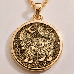 Elegant 14K Solid Gold fluffy cat necklace featuring a celestial medallion design. Perfect for cat lovers who cherish the spiritual beauty and grace of long-haired feline companions.