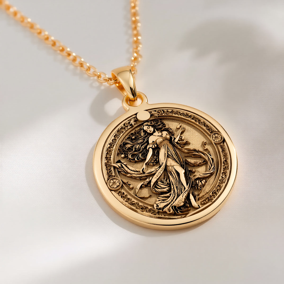 Persephone Queen of Underworld Coin Pendant - 14K Solid Gold
