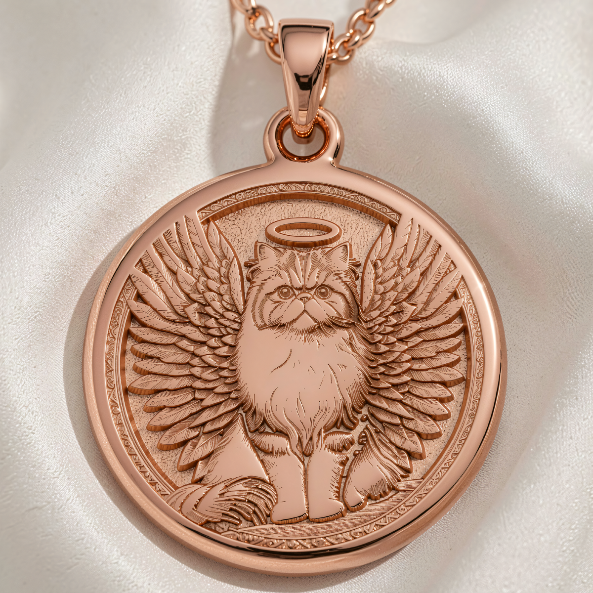 Persian Cat Angel Medallion Pendant | Silver & Plated Options - Pet Memorial Rainbow Bridge Talisman - 14K Rose Gold Plated Front View