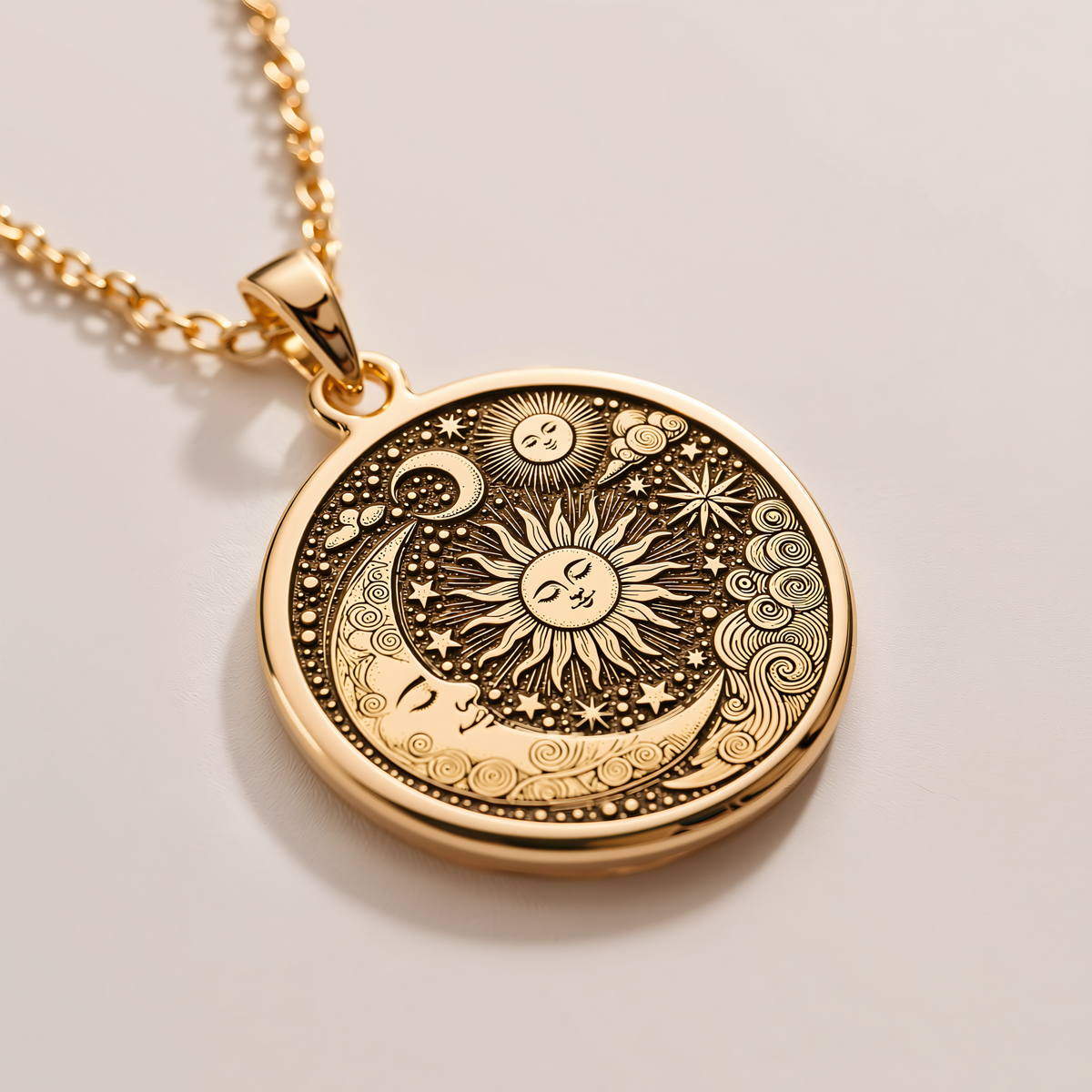 Personalized Celestial Sun & Moon Pendant - 14K Solid Gold, Left Angle View