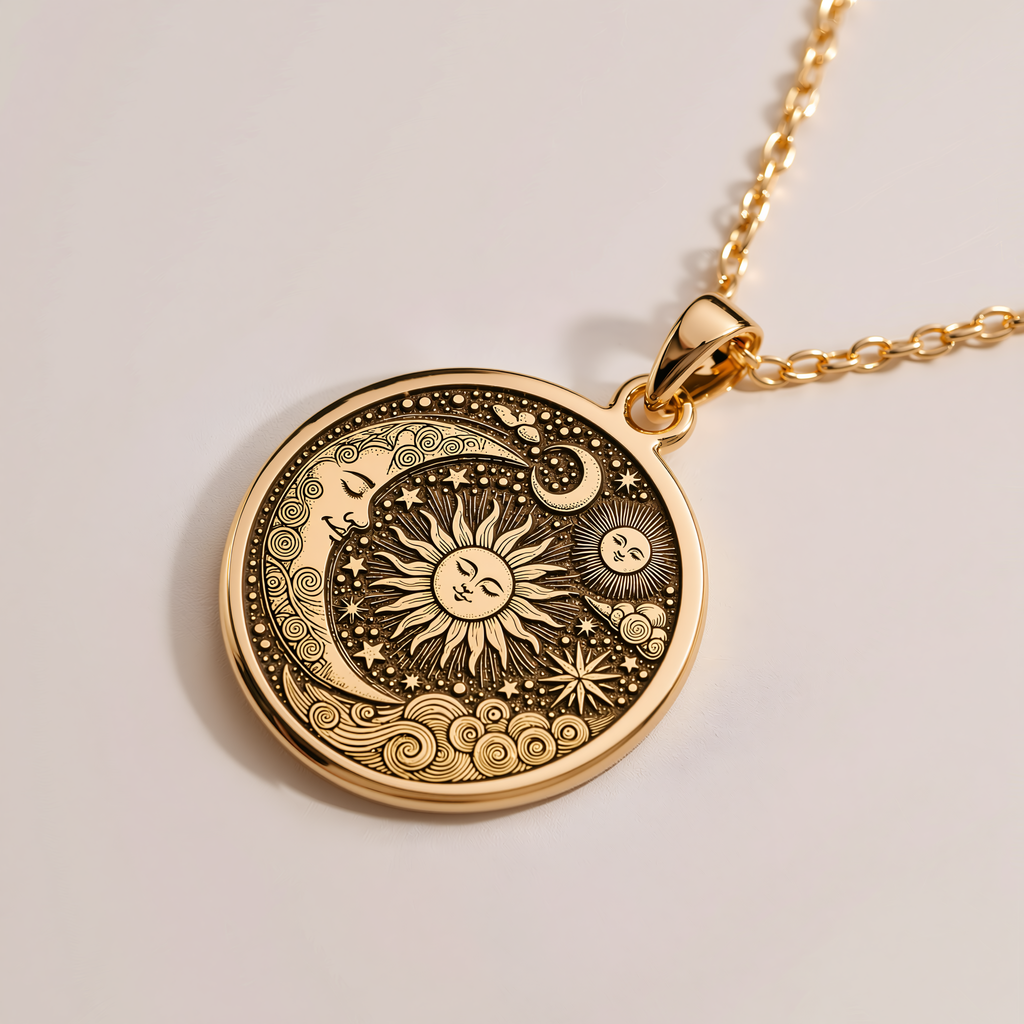 Personalized Celestial Sun & Moon Pendant - 14K Solid Gold, Right Angle View