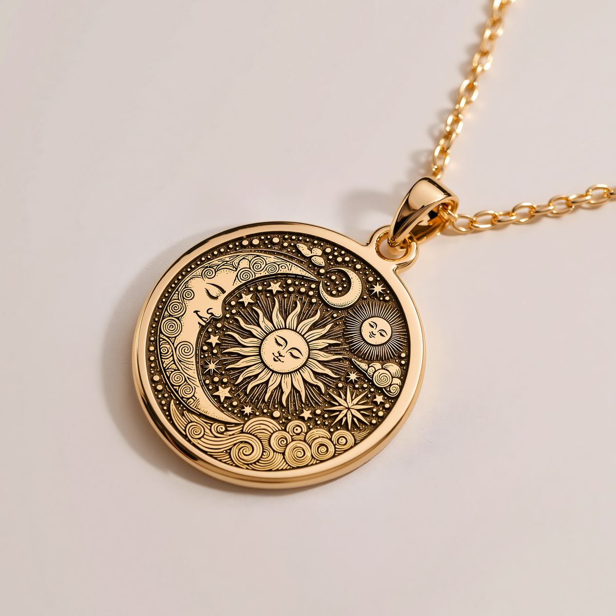 Personalized Celestial Sun & Moon Pendant - 14K Solid Gold, Right Angle View