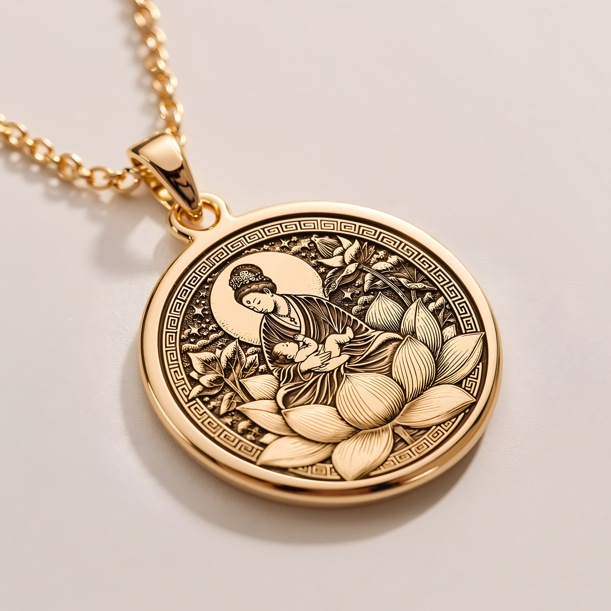 Personalized Motherhood Coin Pendant - 14K Solid Gold, Left Angle View