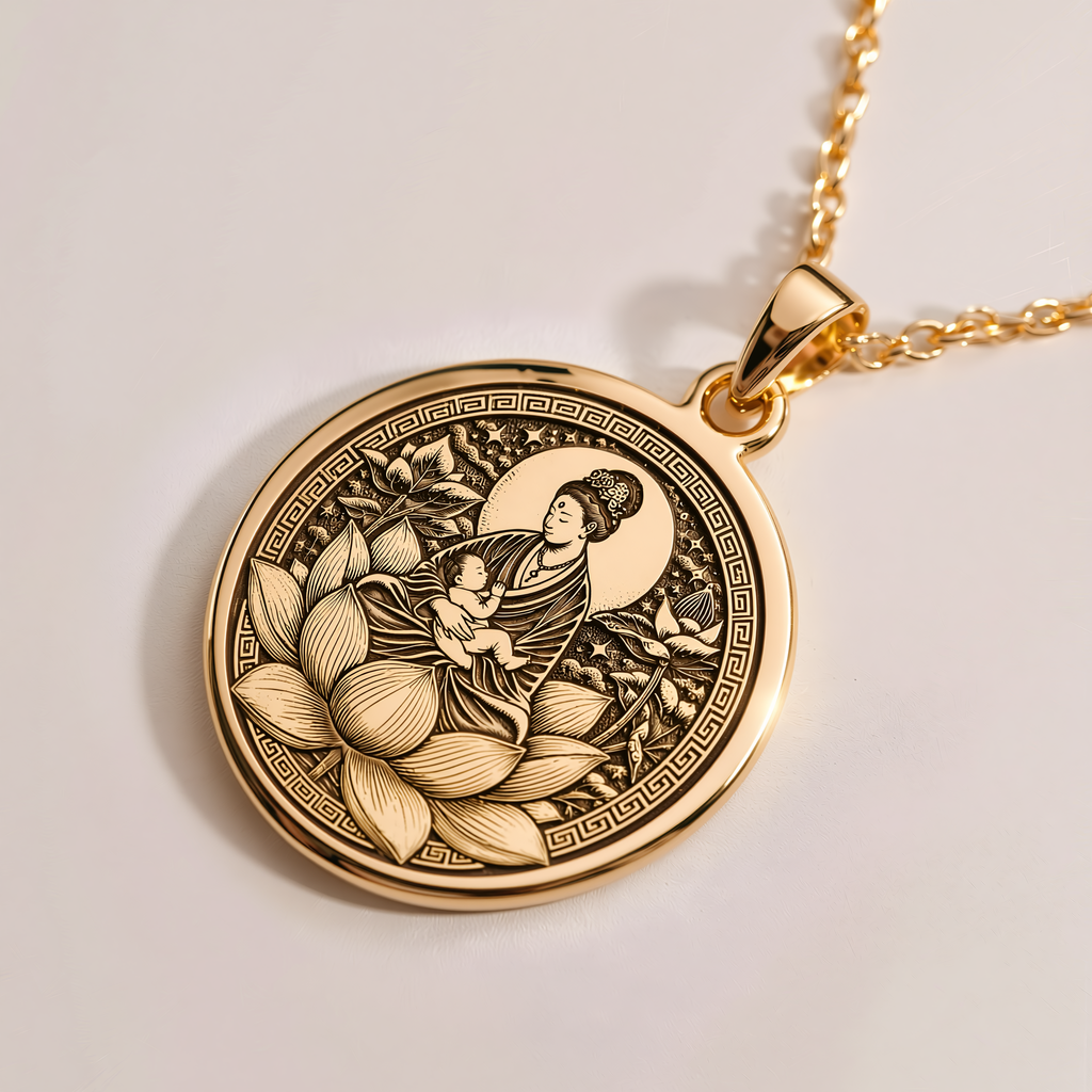 Personalized Motherhood Coin Pendant - 14K Solid Gold, Right Angle View