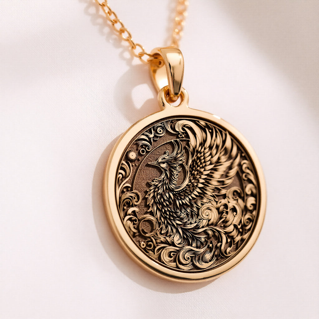 Gold Phoenix Necklace, Phoenix Pendant Gold, Rebirth Symbol Jewelry, Phoenix Rising Charm, 14k Gold Phoenix, Spiritual Phoenix Jewelry, Mythical Bird Pendant, Gold Phoenix Amulet, Phoenix Medallion, Sacred Phoenix Necklace, Phoenix Totem