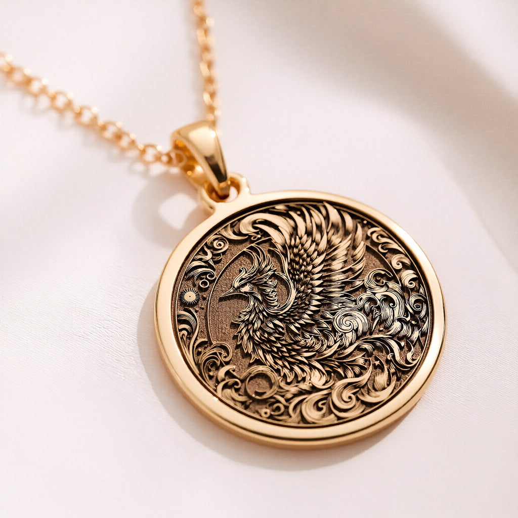 Phoenix Medallion pendant in 14K gold showing front view of engraved phoenix with swirling details and sun motif.