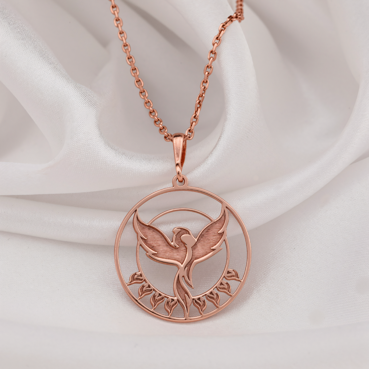 Phoenix Rising Necklace in a polished rose gold finish.