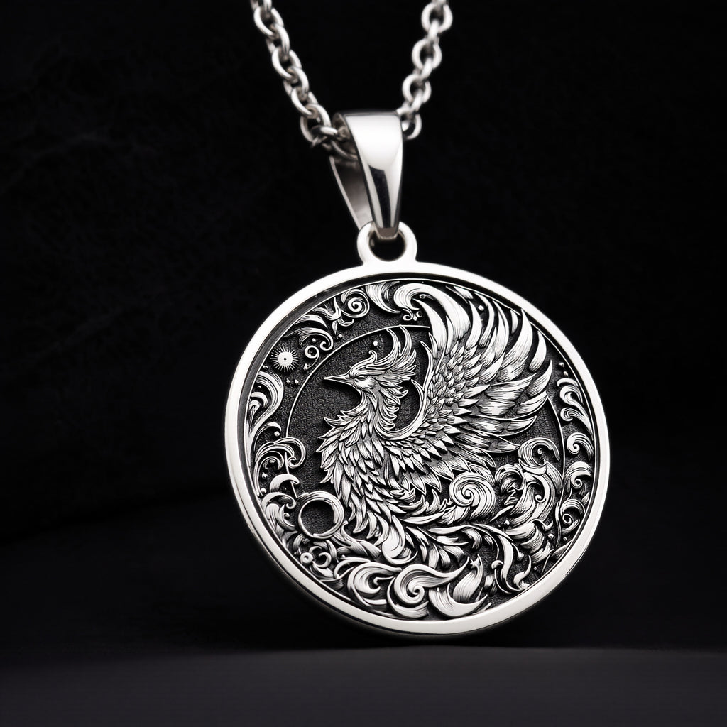 Silver Phoenix Necklace, Phoenix Pendant Silver, Rebirth Symbol Jewelry, Phoenix Rising Charm, Sterling Silver Phoenix, Spiritual Phoenix Jewelry, Mythical Bird Pendant, Silver Phoenix Amulet, Phoenix Medallion, Sacred Phoenix Necklace, Phoenix Totem