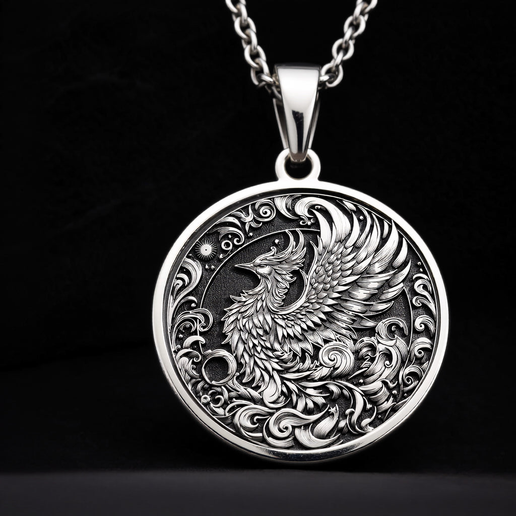 Silver Phoenix Necklace, Phoenix Pendant Silver, Rebirth Symbol Jewelry, Phoenix Rising Charm, Sterling Silver Phoenix, Spiritual Phoenix Jewelry, Mythical Bird Pendant, Silver Phoenix Amulet, Phoenix Medallion, Sacred Phoenix Necklace, Phoenix Totem