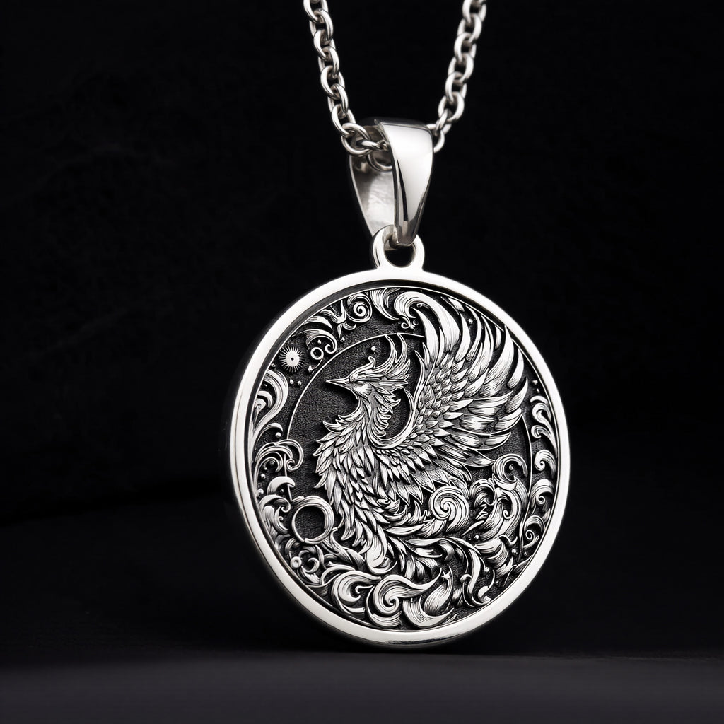 Silver Phoenix Necklace, Phoenix Pendant Silver, Rebirth Symbol Jewelry, Phoenix Rising Charm, Sterling Silver Phoenix, Spiritual Phoenix Jewelry, Mythical Bird Pendant, Silver Phoenix Amulet, Phoenix Medallion, Sacred Phoenix Necklace, Phoenix Totem