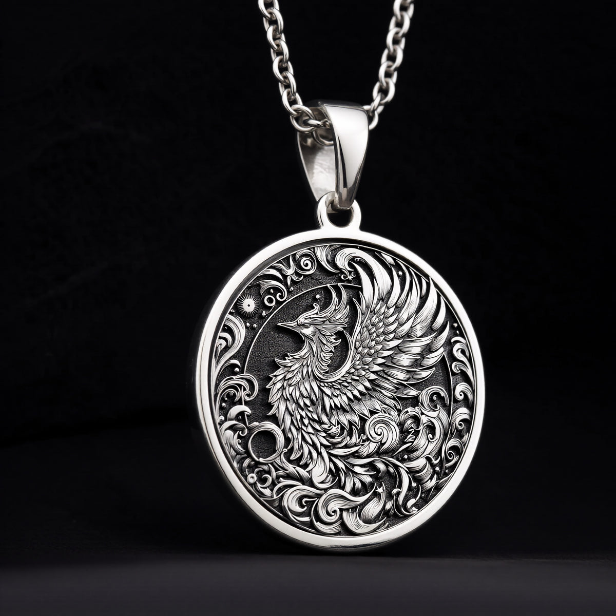 Silver Phoenix Necklace, Phoenix Pendant Silver, Rebirth Symbol Jewelry, Phoenix Rising Charm, Sterling Silver Phoenix, Spiritual Phoenix Jewelry, Mythical Bird Pendant, Silver Phoenix Amulet, Phoenix Medallion, Sacred Phoenix Necklace, Phoenix Totem