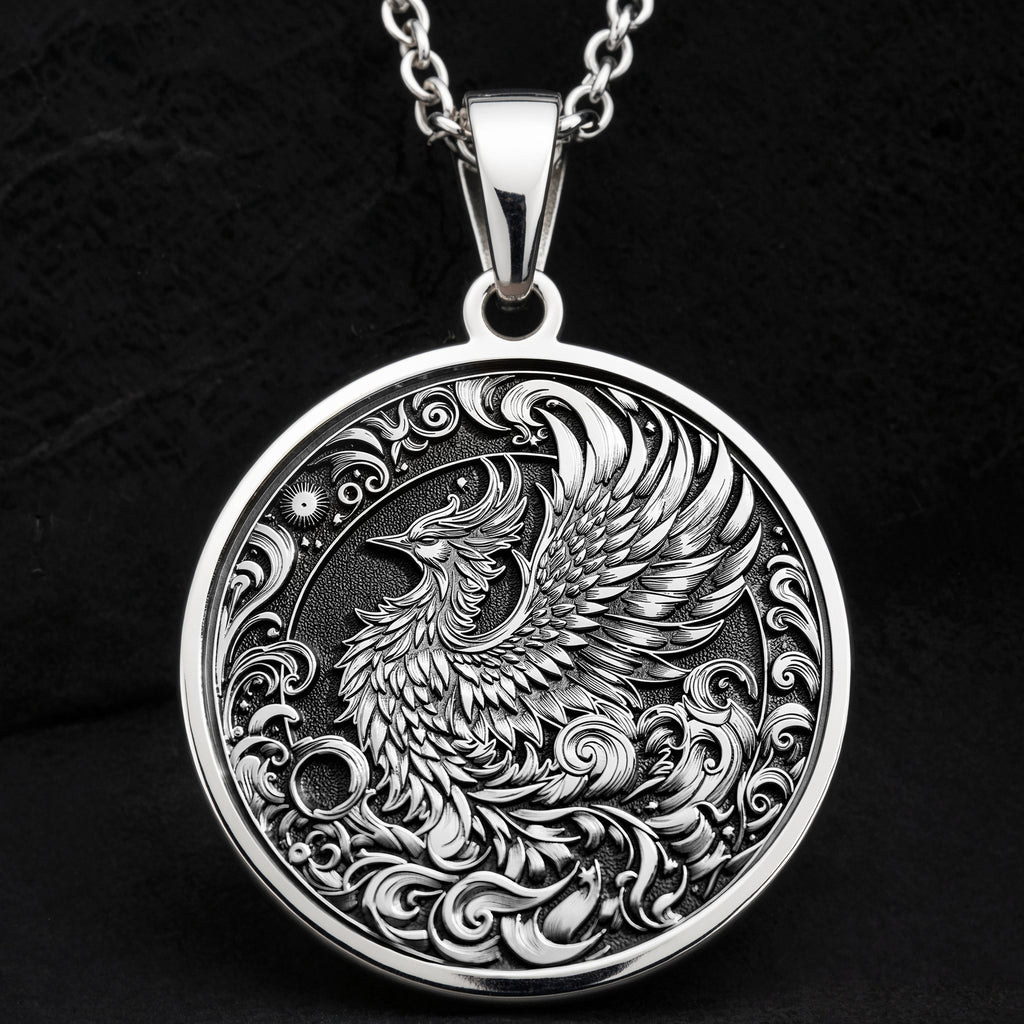 Silver Phoenix Necklace, Phoenix Pendant Silver, Rebirth Symbol Jewelry, Phoenix Rising Charm, Sterling Silver Phoenix, Spiritual Phoenix Jewelry, Mythical Bird Pendant, Silver Phoenix Amulet, Phoenix Medallion, Sacred Phoenix Necklace, Phoenix Totem
