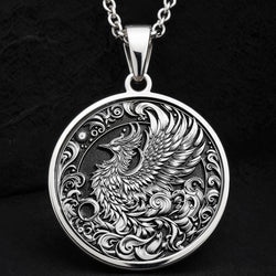 Silver Phoenix Necklace, Phoenix Pendant Silver, Rebirth Symbol Jewelry, Phoenix Rising Charm, Sterling Silver Phoenix, Spiritual Phoenix Jewelry, Mythical Bird Pendant, Silver Phoenix Amulet, Phoenix Medallion, Sacred Phoenix Necklace, Phoenix Totem