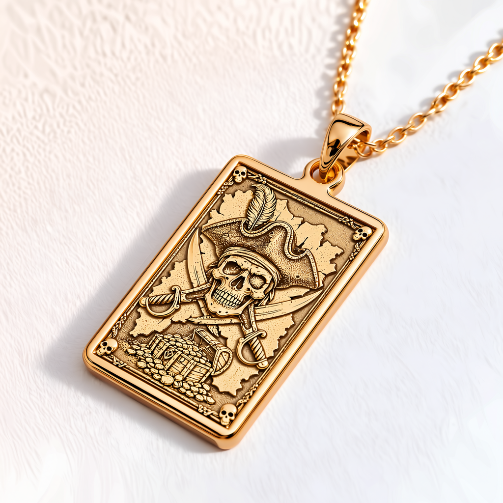 Pirate Skull Jolly Roger Pendant - 14K Solid Gold, Right Angle View