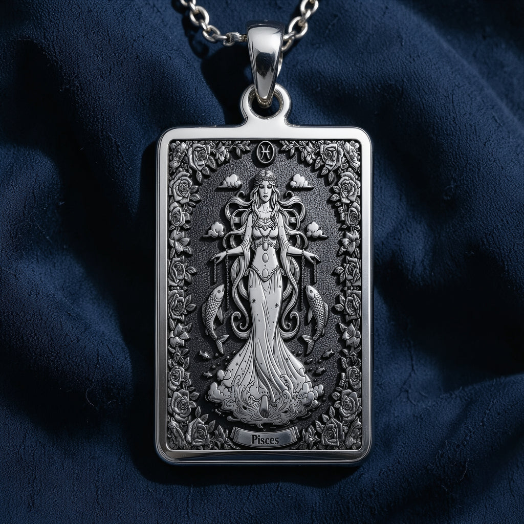 Silver pendant featuring a detailed design of the Pisces constellation, shown from the front view. The pendant has an intricate, textured surface finish and is attached to a delicate silver chain.