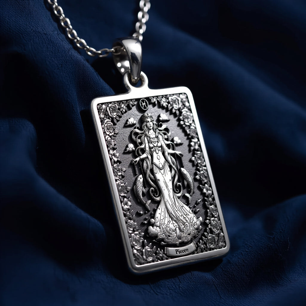Silver pendant featuring a detailed design of the Pisces constellation, presented in a polished finish. The image shows the pendant from a slightly angled view, highlighting its shape and detail.
