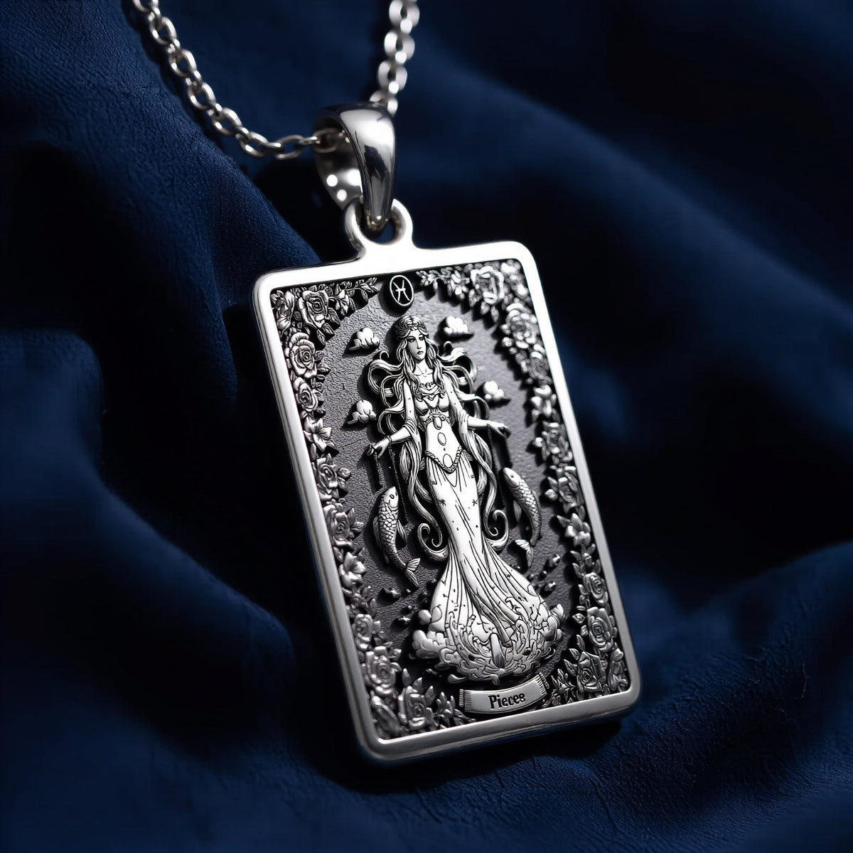Silver pendant featuring a detailed design of the Pisces constellation, presented in a polished finish. The image shows the pendant from a slightly angled view, highlighting its shape and detail.