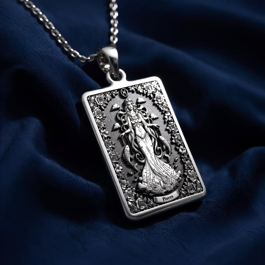 Silver plated rectangular pendant with fine detailing of a classical figure within an elaborate border. The necklace features a silver chain and is presented against a soft background. - View 7