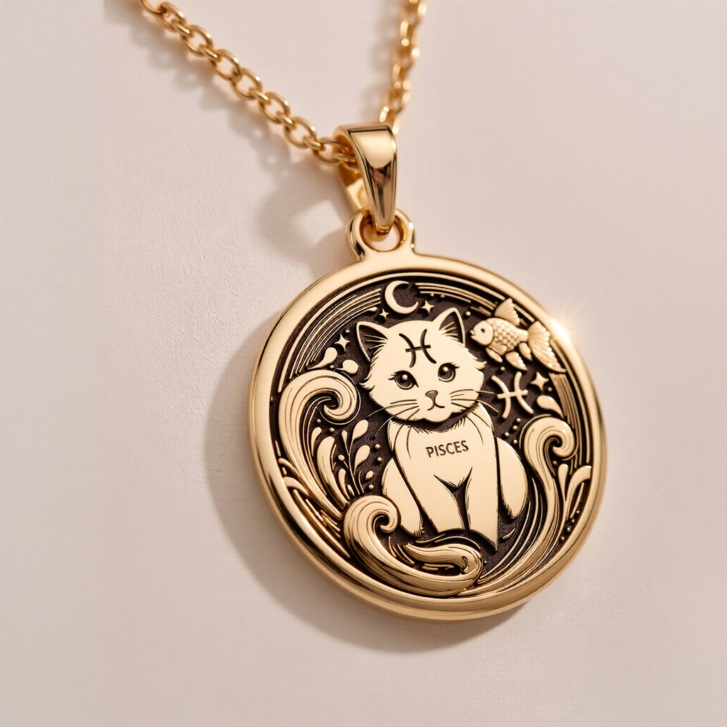 14K solid gold Pisces Zodiac necklace featuring a handcrafted astrology-inspired pendant with a minimalist cat design. Perfect for women, astrology lovers, and personalized horoscope jewelry gifts. - View 6