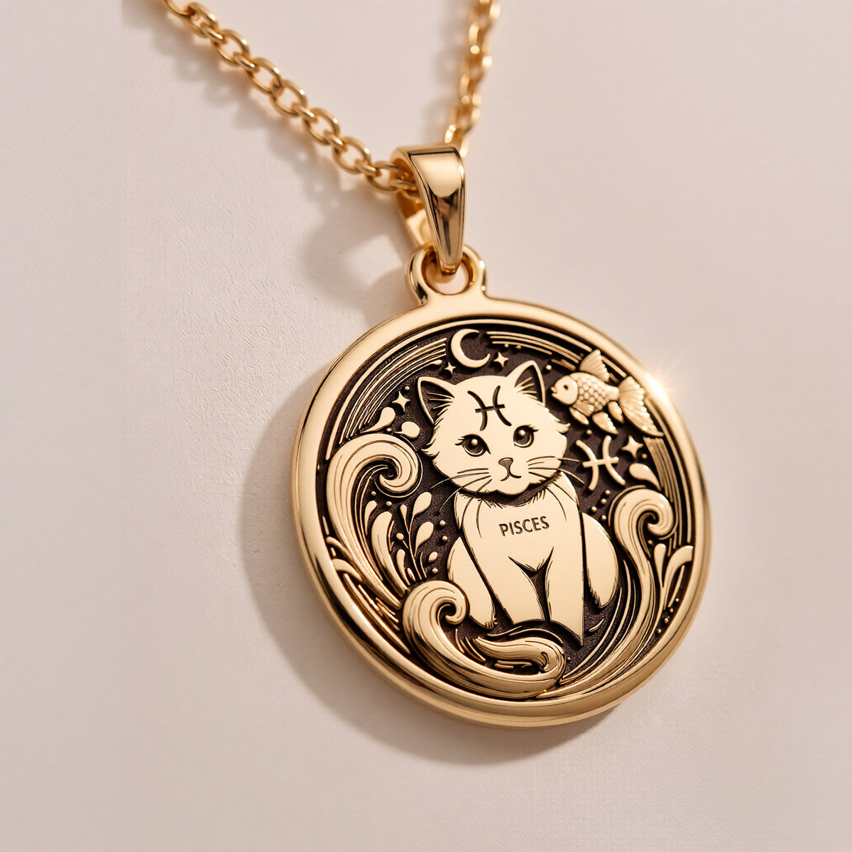14K solid gold Pisces Zodiac necklace featuring a handcrafted astrology-inspired pendant with a minimalist cat design. Perfect for women, astrology lovers, and personalized horoscope jewelry gifts. - View 6