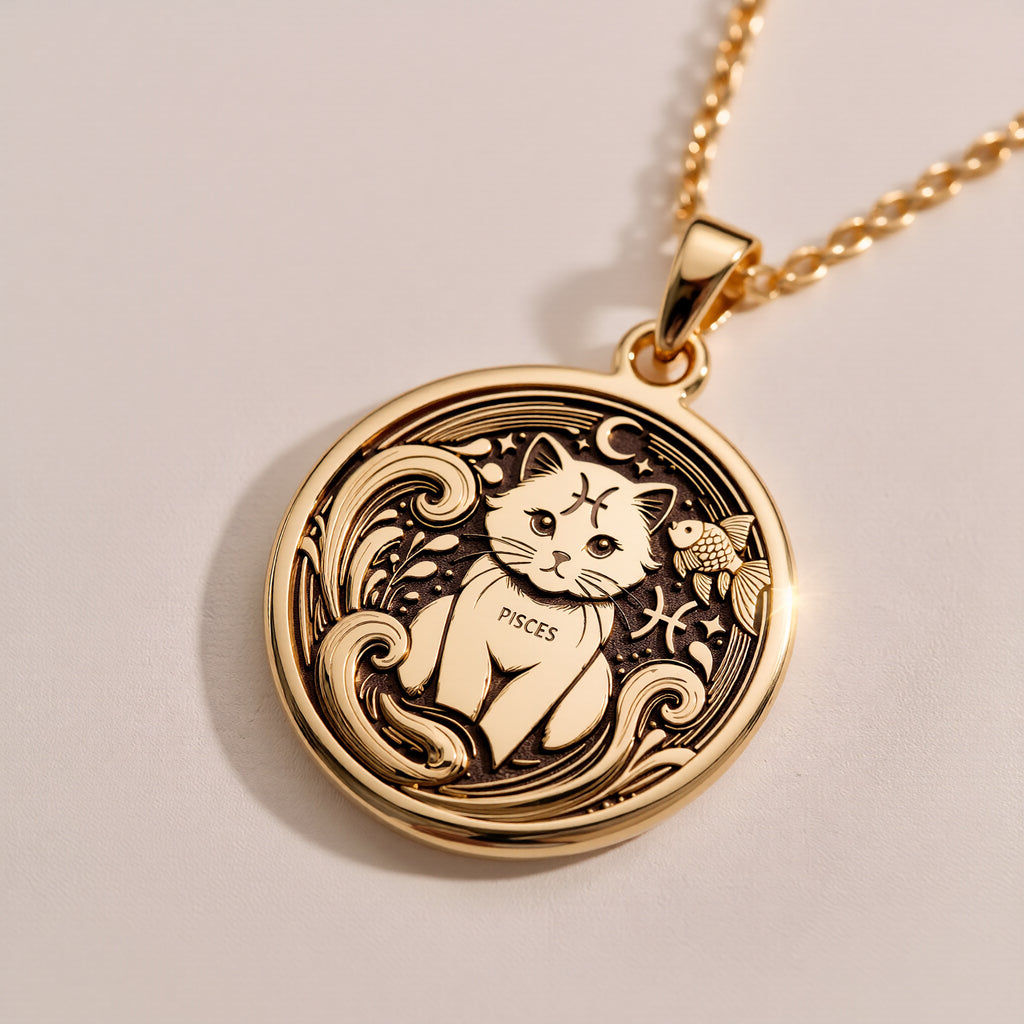 14K solid gold Pisces Zodiac necklace featuring a handcrafted astrology-inspired pendant with a minimalist cat design. Perfect for women, astrology lovers, and personalized horoscope jewelry gifts. - View 7
