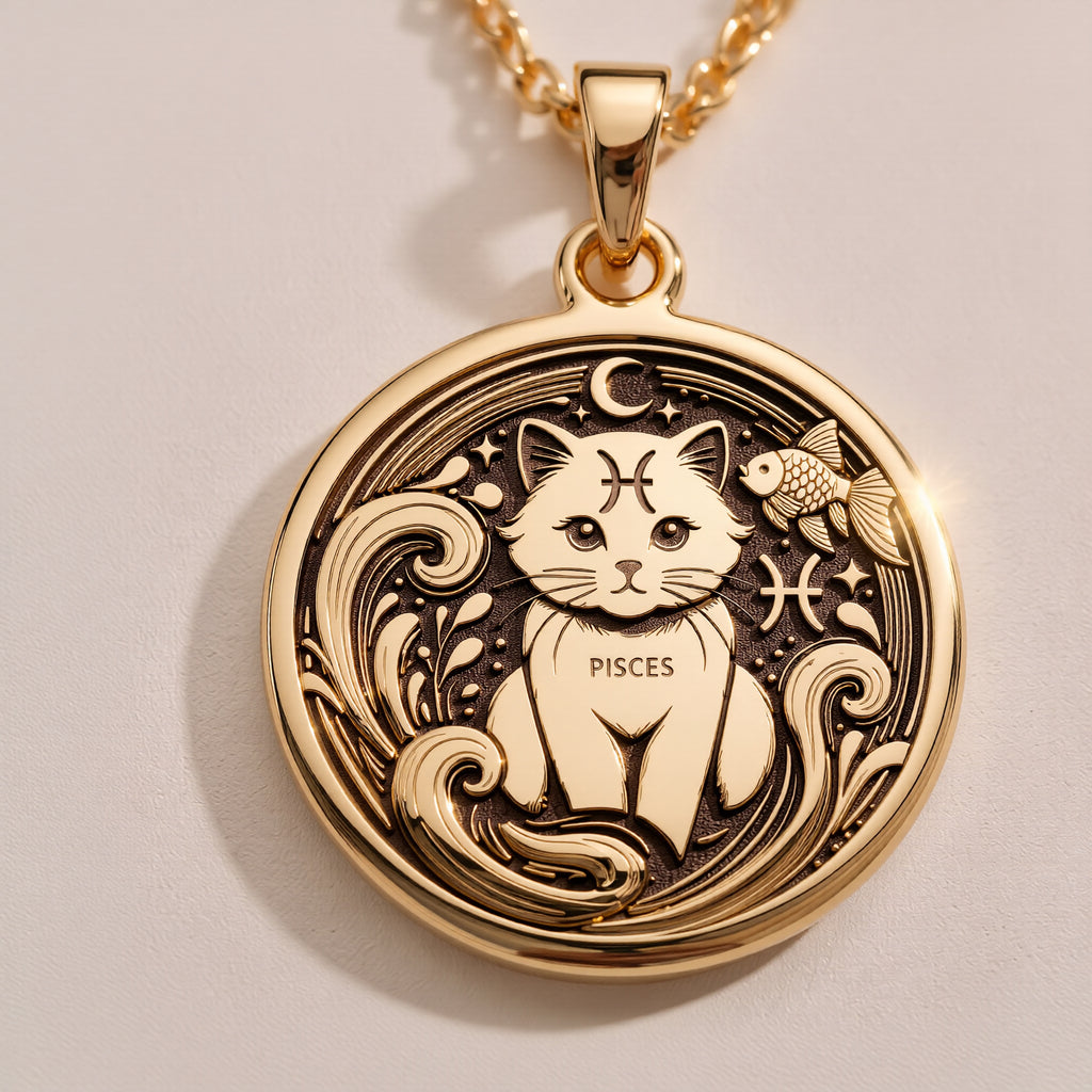 14K solid gold Pisces Zodiac necklace featuring a handcrafted astrology-inspired pendant with a minimalist cat design. Perfect for women, astrology lovers, and personalized horoscope jewelry gifts. - View 8
