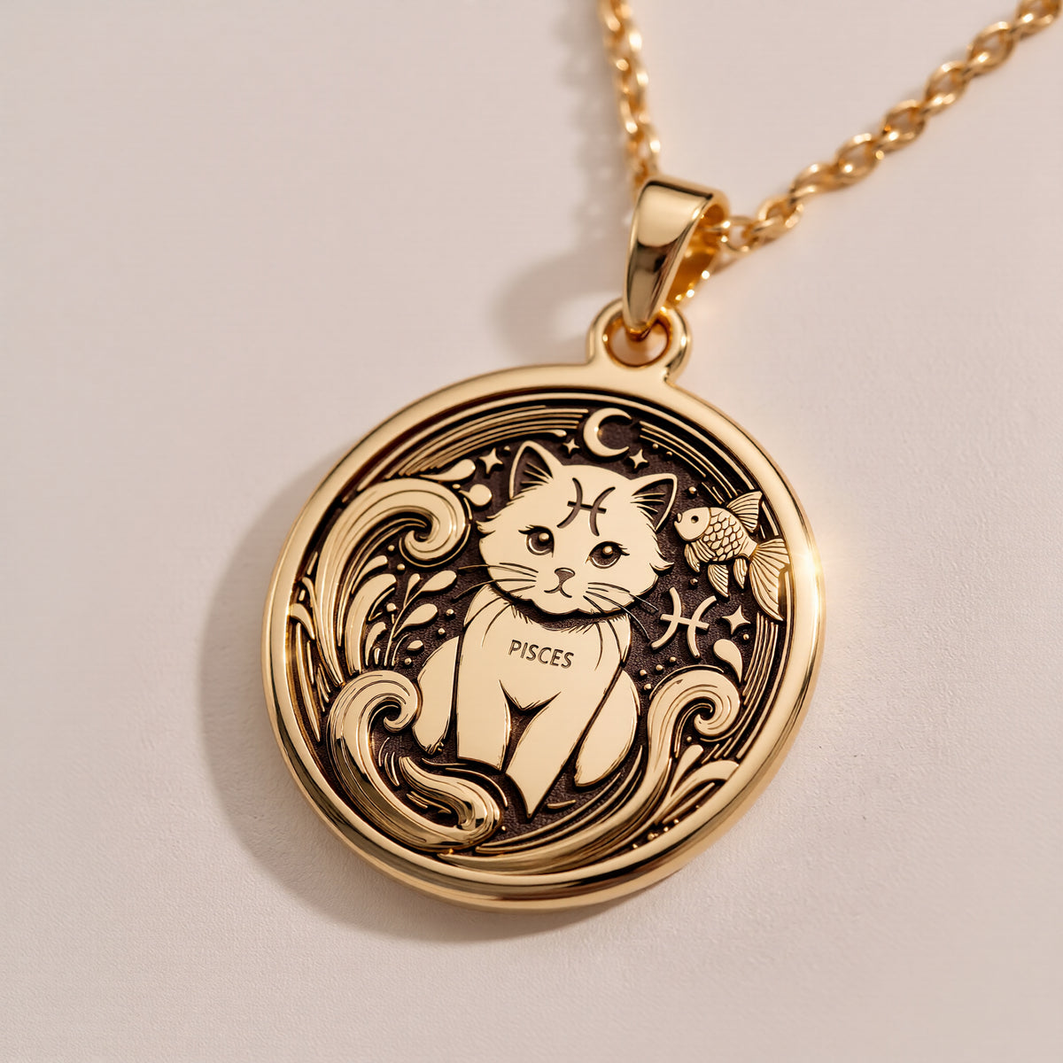 14K solid gold Pisces Zodiac necklace featuring a handcrafted astrology-inspired pendant with a minimalist cat design. Perfect for women, astrology lovers, and personalized horoscope jewelry gifts. - View 9