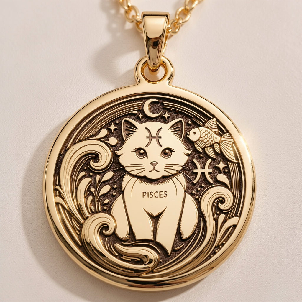14K solid gold Pisces Zodiac necklace featuring a handcrafted astrology-inspired pendant with a minimalist cat design. Perfect for women, astrology lovers, and personalized horoscope jewelry gifts.