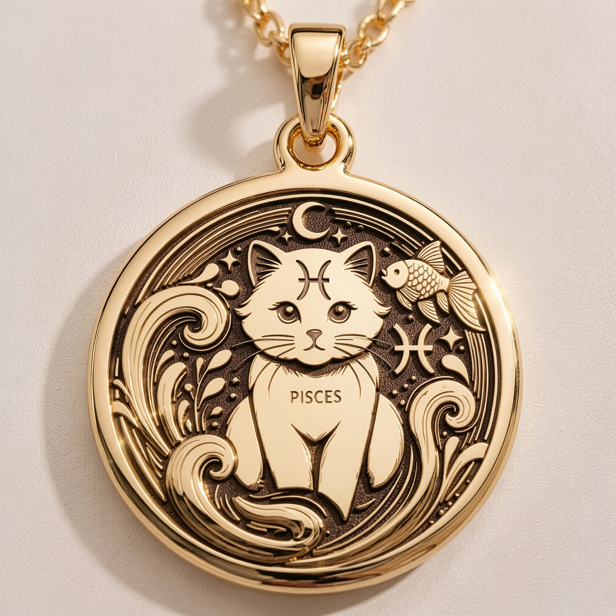 14K solid gold Pisces Zodiac necklace featuring a handcrafted astrology-inspired pendant with a minimalist cat design. Perfect for women, astrology lovers, and personalized horoscope jewelry gifts.
