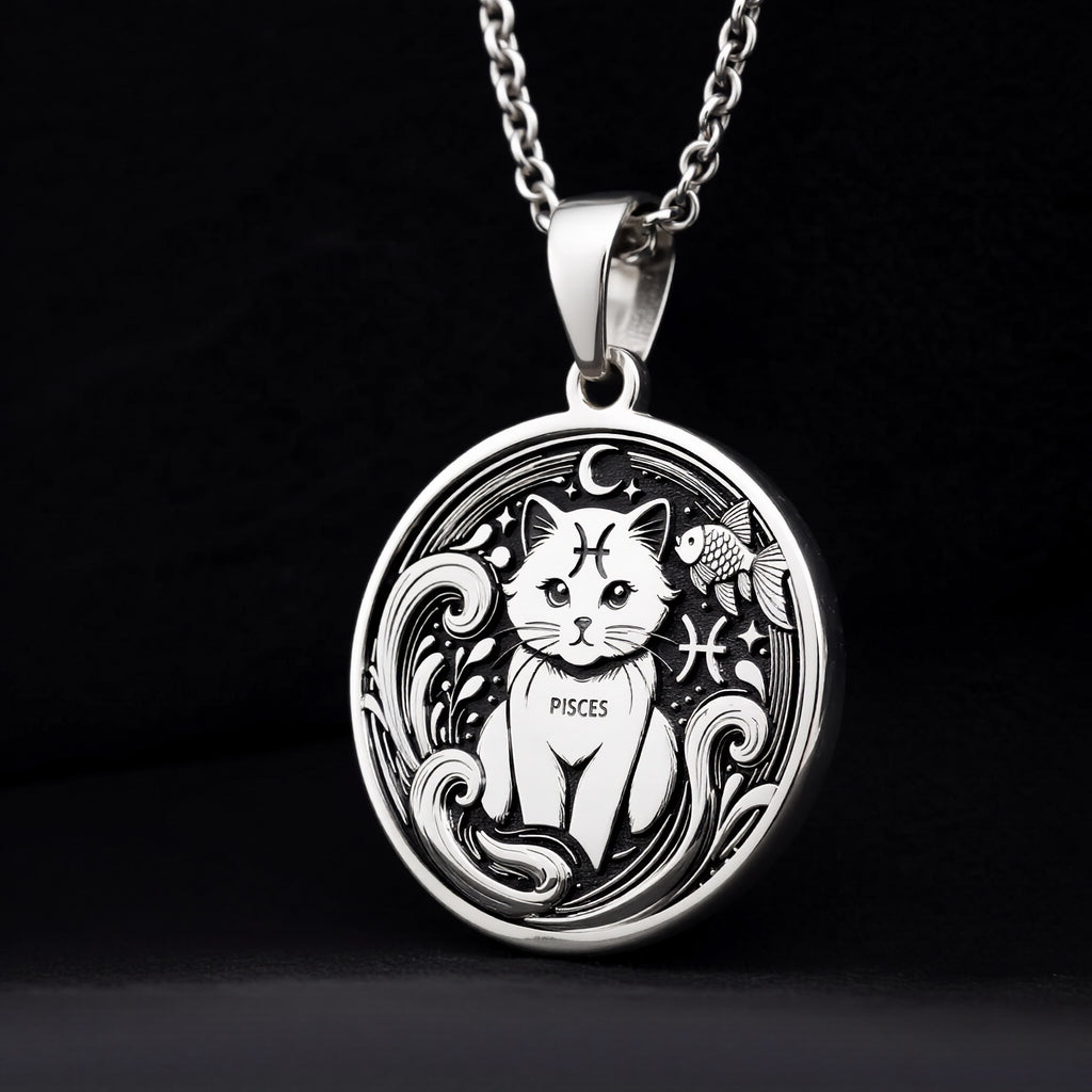 Sterling silver Pisces Zodiac necklace with a detailed cat-themed pendant. Handcrafted astrology jewelry, perfect for women, Pisces birthdays, horoscope lovers, and minimalist personalized gifts.