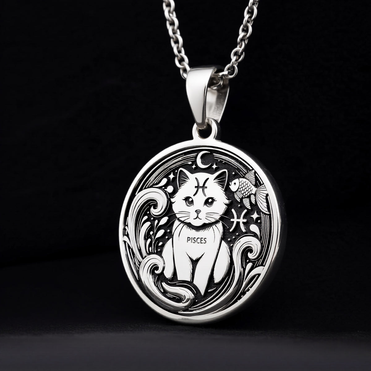 Sterling silver Pisces Zodiac necklace with a detailed cat-themed pendant. Handcrafted astrology jewelry, perfect for women, Pisces birthdays, horoscope lovers, and minimalist personalized gifts.