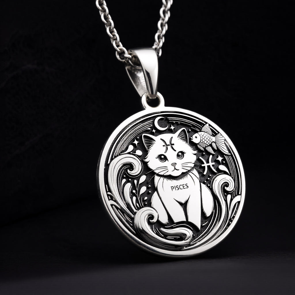 Sterling silver Pisces Zodiac necklace with a detailed cat-themed pendant. Handcrafted astrology jewelry, perfect for women, Pisces birthdays, horoscope lovers, and minimalist personalized gifts. - View 11