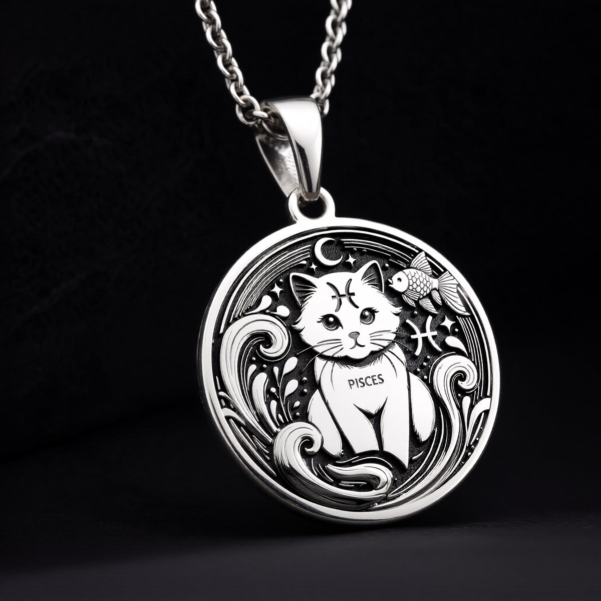 Sterling silver Pisces Zodiac necklace with a detailed cat-themed pendant. Handcrafted astrology jewelry, perfect for women, Pisces birthdays, horoscope lovers, and minimalist personalized gifts. - View 11