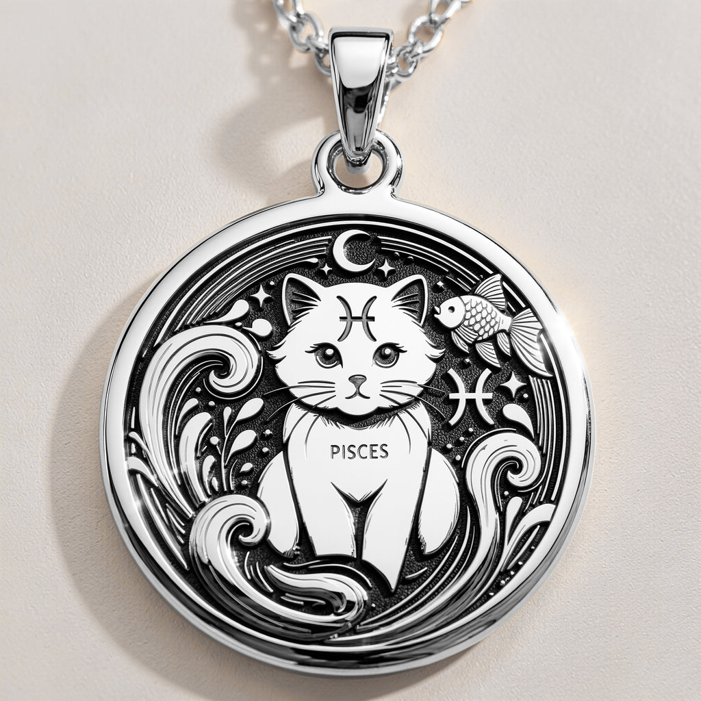 Sterling silver Pisces Zodiac necklace with a detailed cat-themed pendant. Handcrafted astrology jewelry, perfect for women, Pisces birthdays, horoscope lovers, and minimalist personalized gifts. - View 2
