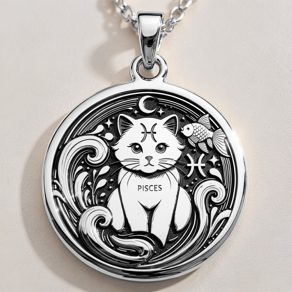 Sterling silver Pisces Zodiac necklace with a detailed cat-themed pendant. Handcrafted astrology jewelry, perfect for women, Pisces birthdays, horoscope lovers, and minimalist personalized gifts. - View 2