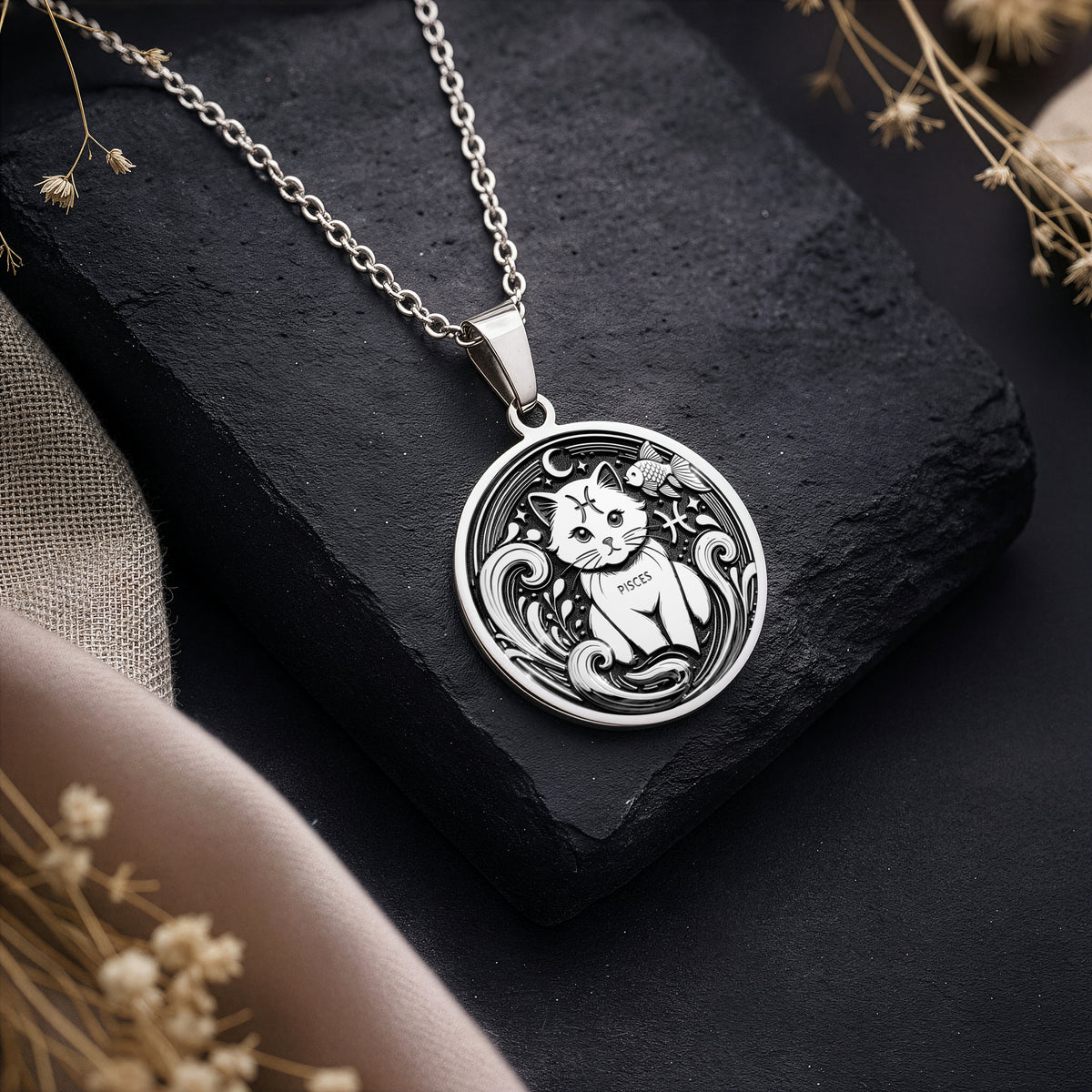 Sterling silver Pisces Zodiac necklace with a detailed cat-themed pendant. Handcrafted astrology jewelry, perfect for women, Pisces birthdays, horoscope lovers, and minimalist personalized gifts. - View 3