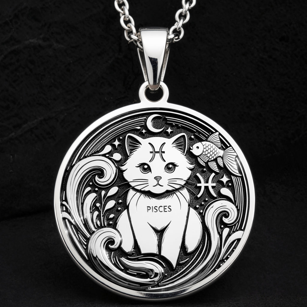 Sterling silver Pisces Zodiac necklace with a detailed cat-themed pendant. Handcrafted astrology jewelry, perfect for women, Pisces birthdays, horoscope lovers, and minimalist personalized gifts.